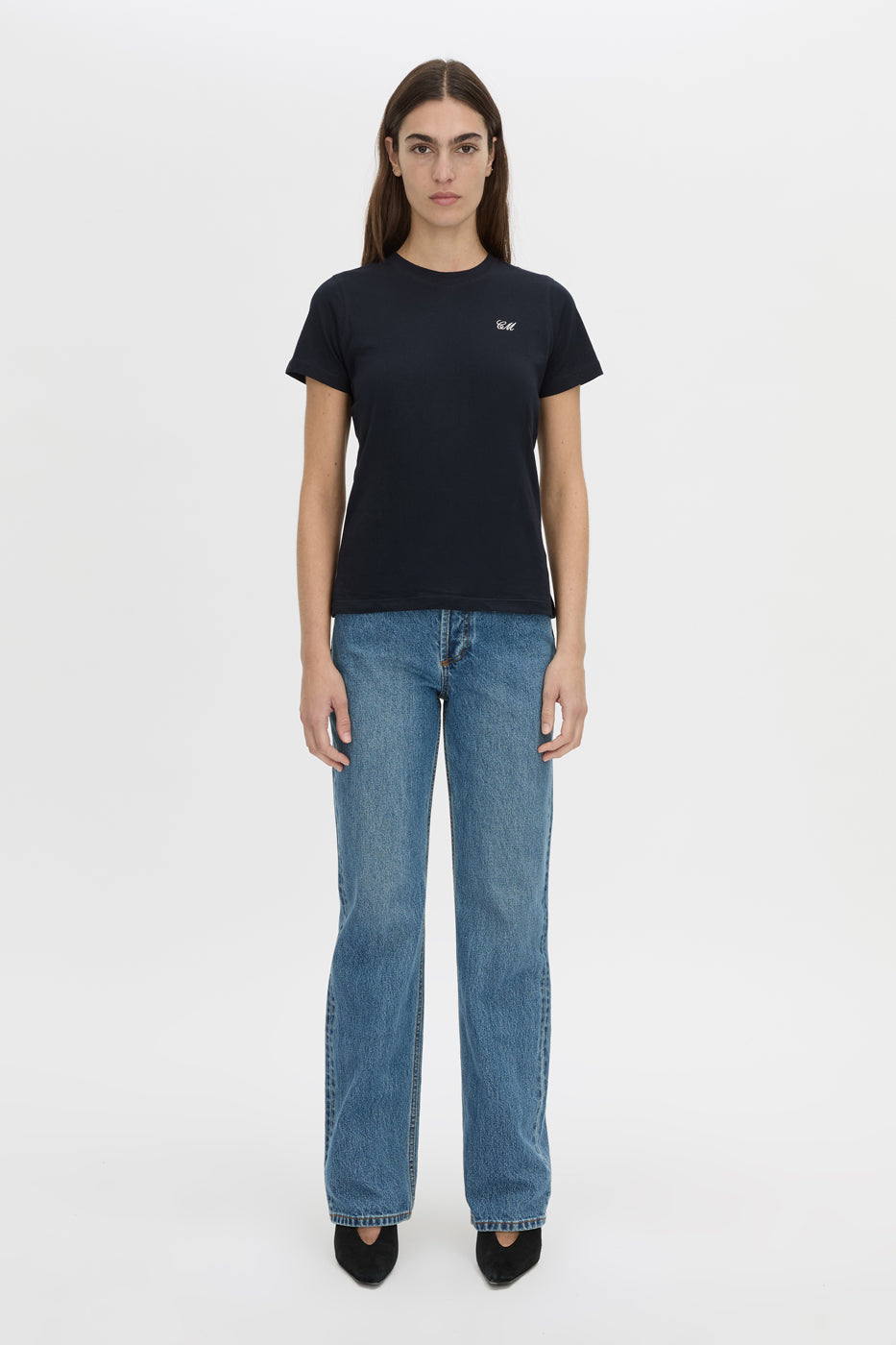 Front view CAMILLA AND MARC Birdie Fitted Print Tee in navy with white embroidered motif detail.
