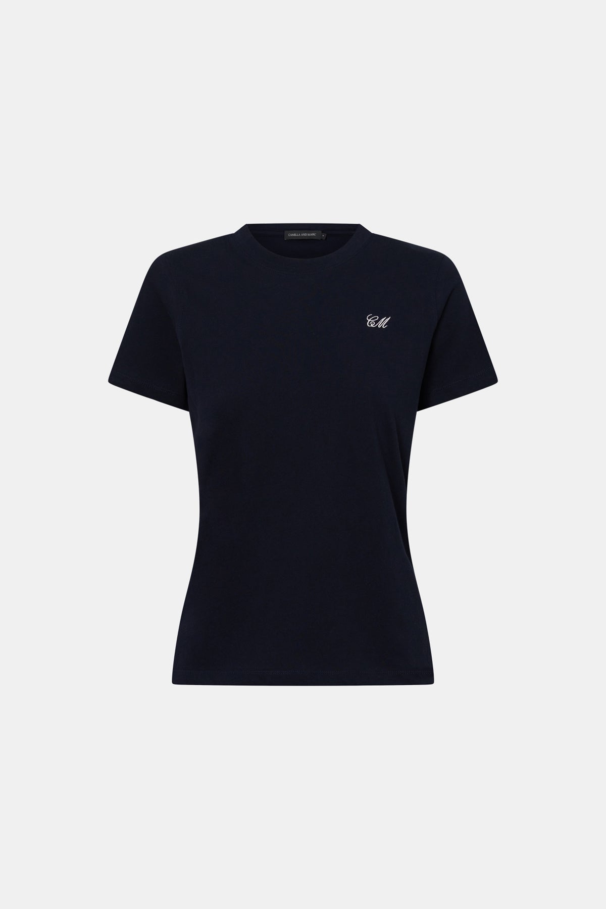 Ghost view CAMILLA AND MARC Birdie Fitted Print Tee in navy with white embroidered motif detail.