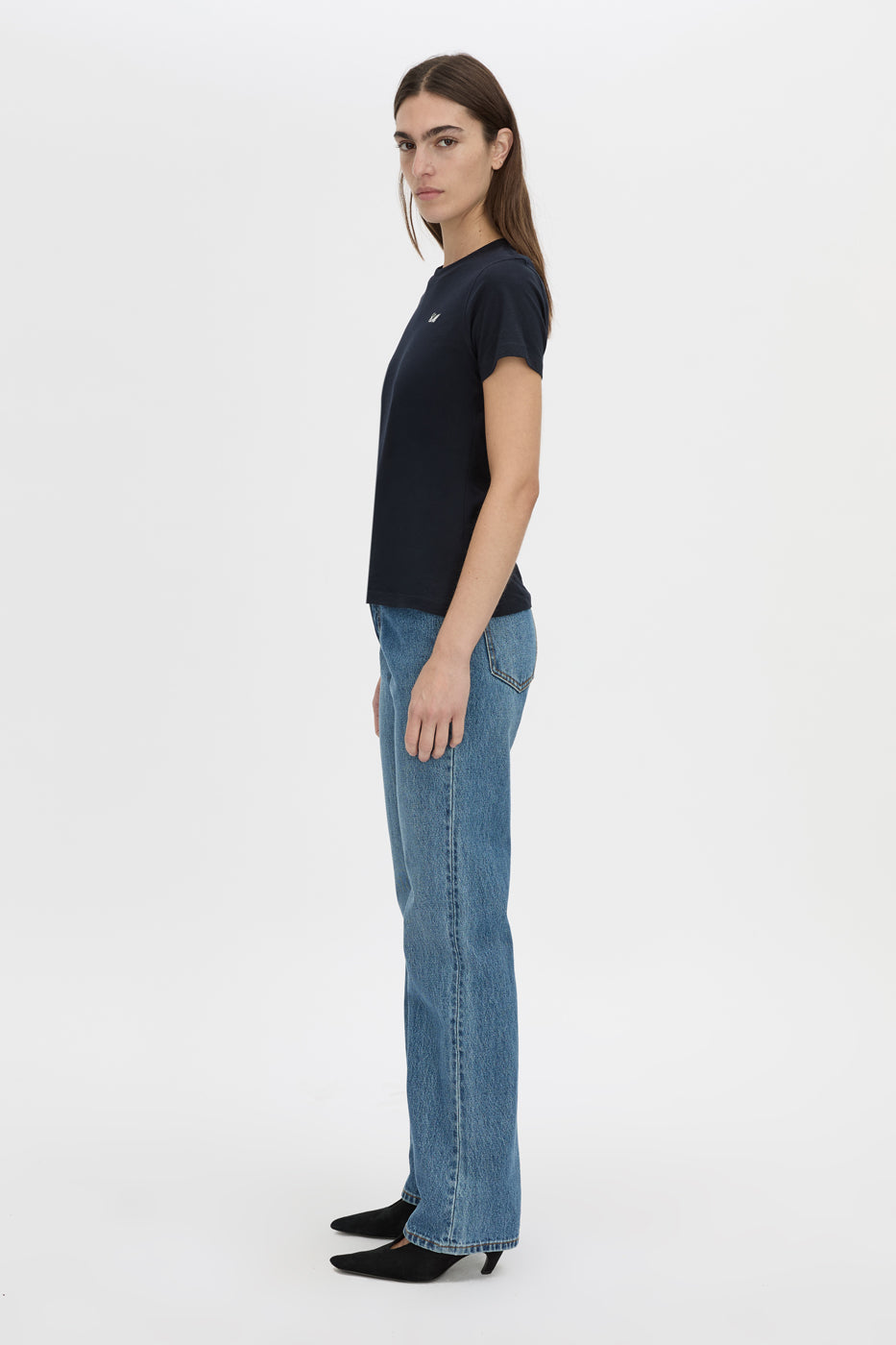 Side view CAMILLA AND MARC Birdie Fitted Print Tee in navy with white embroidered motif detail.