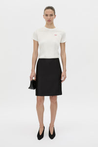Front view CAMILLA AND MARC Birdie Fitted Print Tee in soft white with red embroidered motif detail.