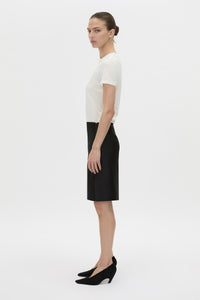Side view CAMILLA AND MARC Birdie Fitted Print Tee in soft white with red embroidered motif detail.