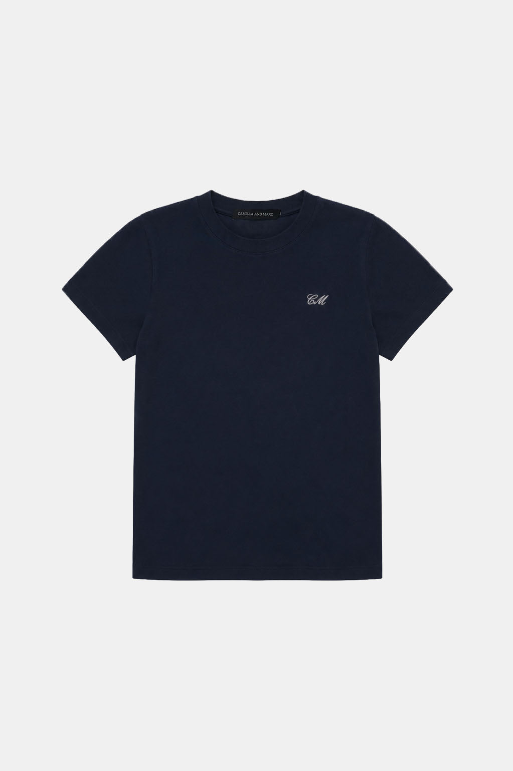 Ghost view CAMILLA AND MARC Birdie Fitted Print Tee in navy with white embroidered motif detail.