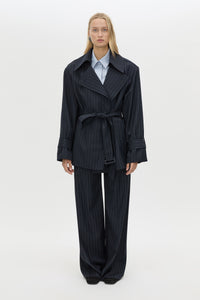 Front view CAMILLA AND MARC Brody Short Trench Coat in Navy Stripe styled with the Brody Pant.