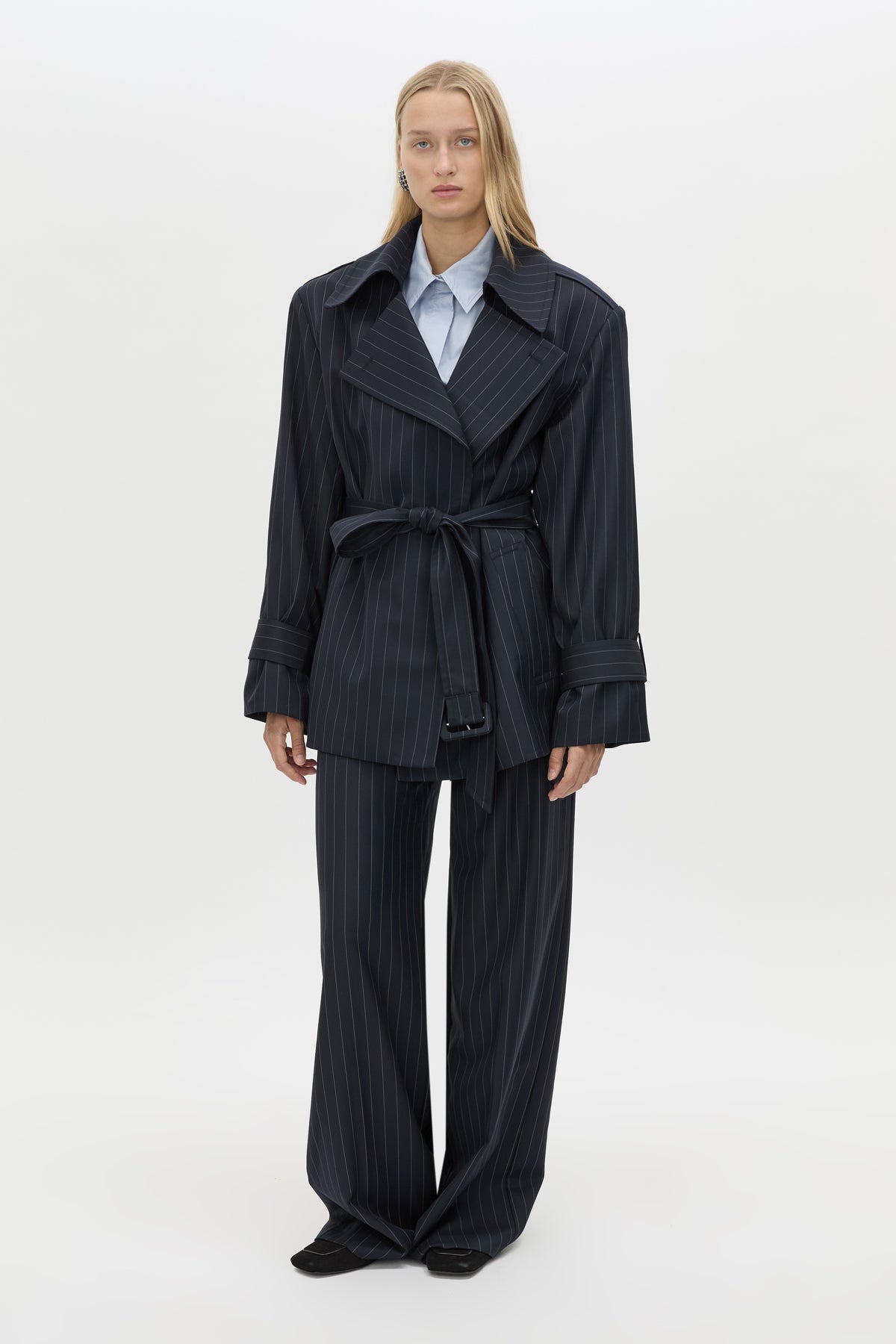 Front view CAMILLA AND MARC Brody Short Trench Coat in Navy Stripe with a relaxed silhouette.