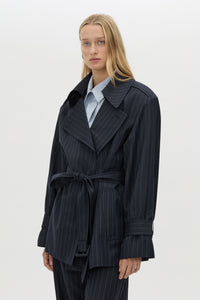 Cropped view CAMILLA AND MARC Brody Short Trench Coat in Navy Stripe with a relaxed silhouette.