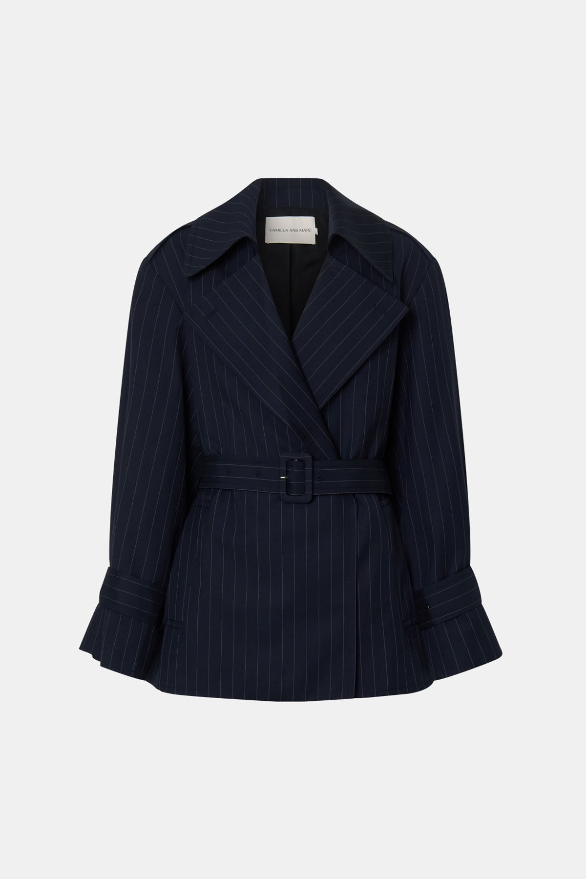 Ghost view CAMILLA AND MARC Brody Short Trench Coat in Navy Stripe with a relaxed silhouette.
