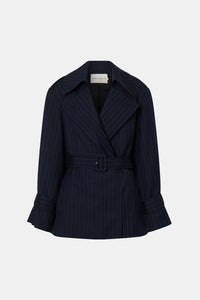 Ghost view CAMILLA AND MARC Brody Short Trench Coat in Navy Stripe with a relaxed silhouette.