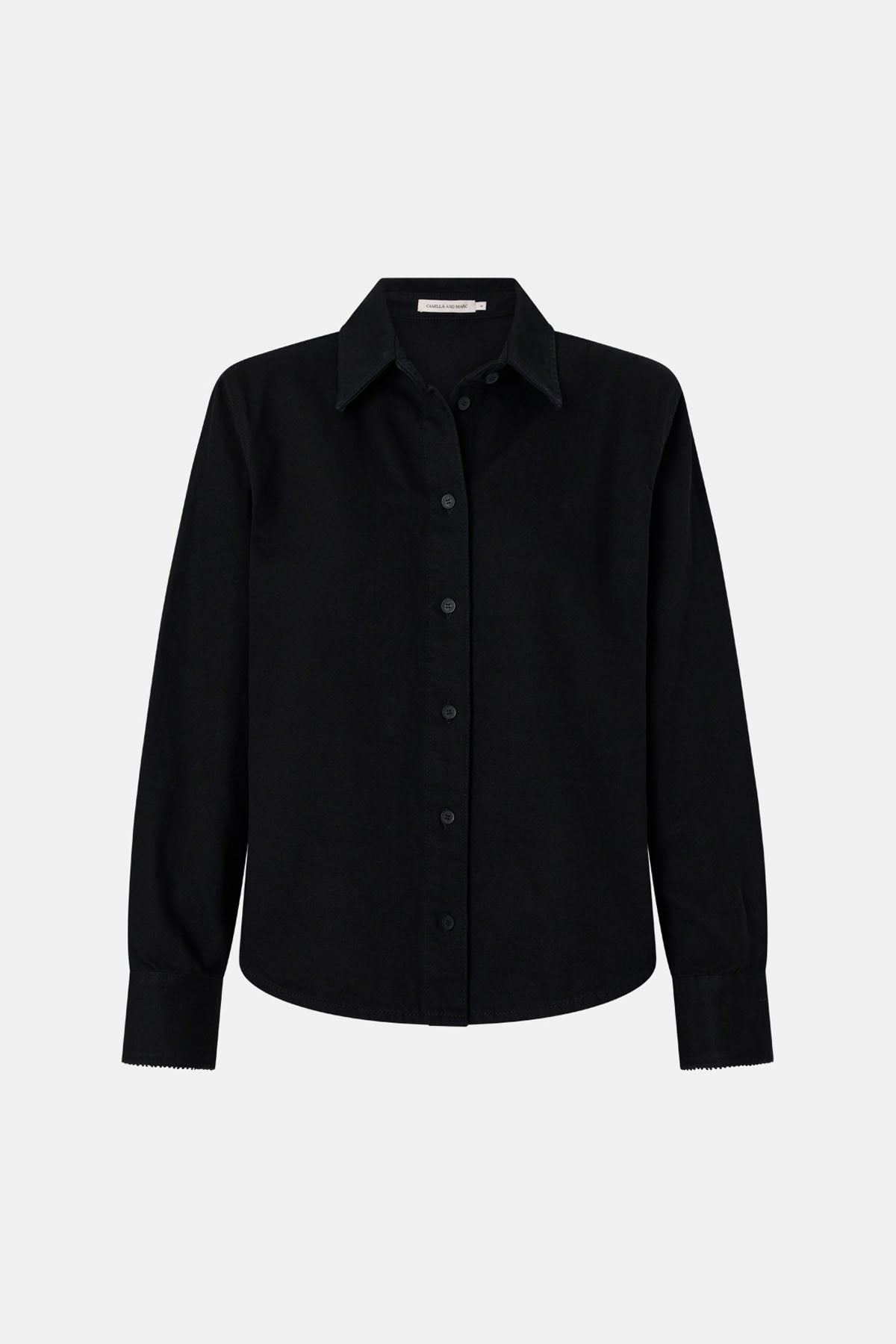 Ghost view CAMILLA AND MARC Caden Denim Shirt in True Black with shoulder pads and embroidered monogram detailing.