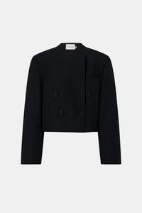 Ghost front view CAMILLA AND MARC Caius Relaxed Cropped Blazer in Black with collarless neckline in Australian wool.