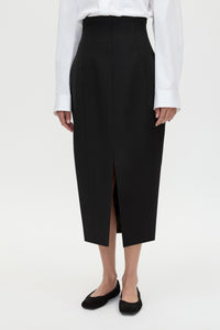 Cropped view CAMILLA AND MARC Caius High Corset Waist Midi Skirt in Black with structured waist.
