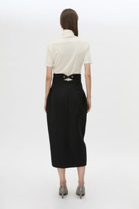 Back view CAMILLA AND MARC Caius High Corset Waist Midi Skirt in Black with structured waist.