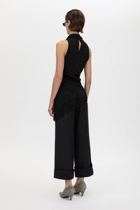 Back view CAMILLA AND MARC Caius Manstyle Wide Leg Pant in Black with tailored high waistband, and 100% Australian wool.