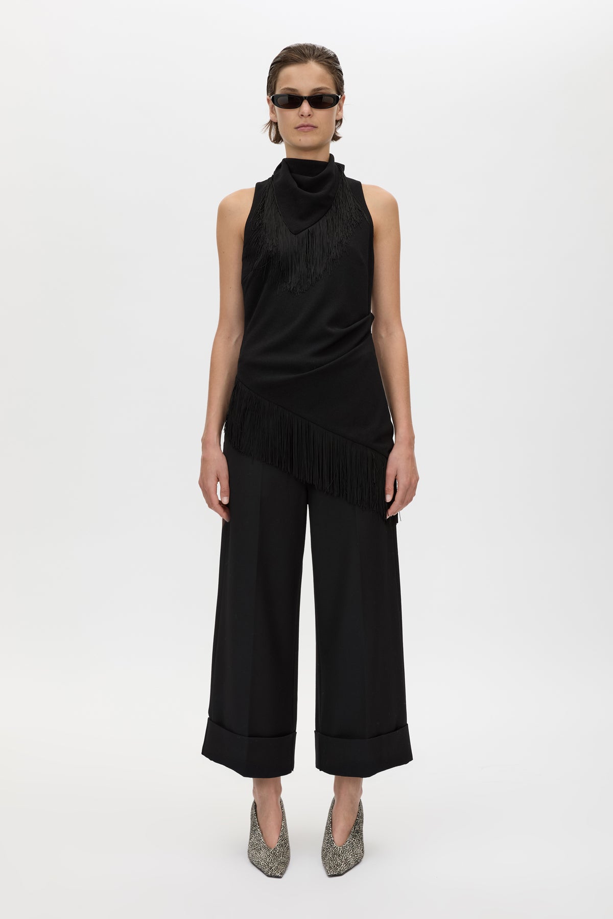 Front view CAMILLA AND MARC Caius Manstyle Wide Leg Pant in Black with tailored high waistband, and 100% Australian wool.