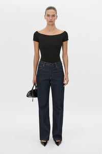 Front view CAMILLA AND MARC Cali Off The Shoulder Bodysuit in black.