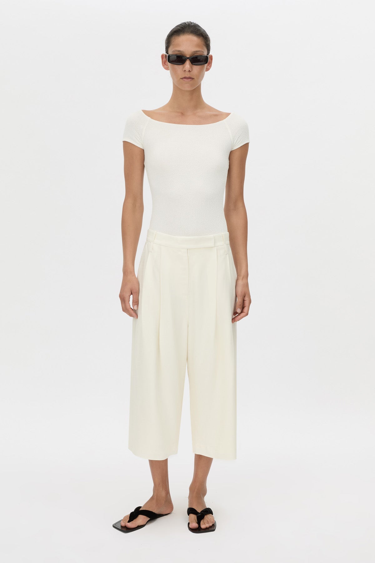 Front-styled view CAMILLA AND MARC Cali Off The Shoulder Bodysuit in soft white.
