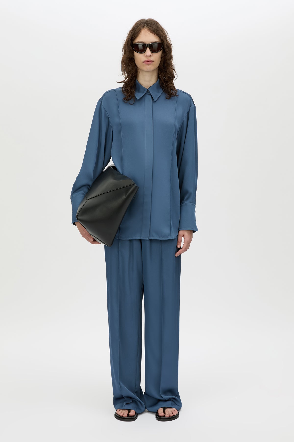 Front styled view CAMILLA AND MARC Cameo Pant in Steel with a relaxed wide‑leg silhouette.