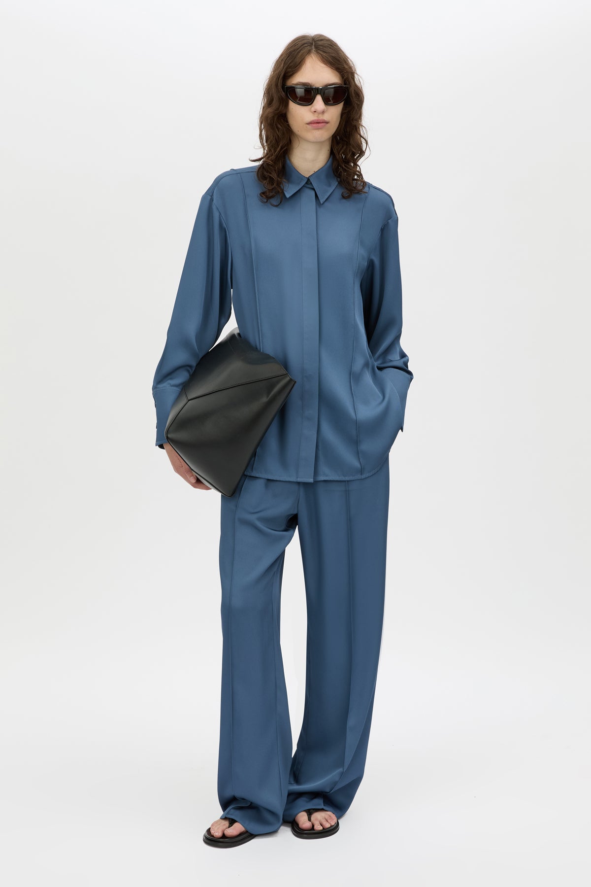 Front view CAMILLA AND MARC Cameo Shirt in Steel with a relaxed long‑sleeve silhouette.
