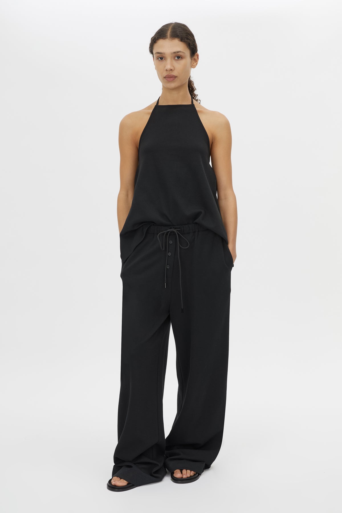 Front view CAMILLA AND MARC Canova Relaxed Pant in Black styled with the Canova Apron Top.
