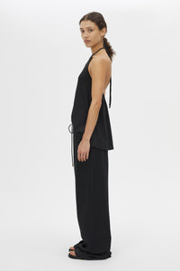 Side view CAMILLA AND MARC Canova Relaxed Pant in Black jersey with gathered waistband and drawcord.