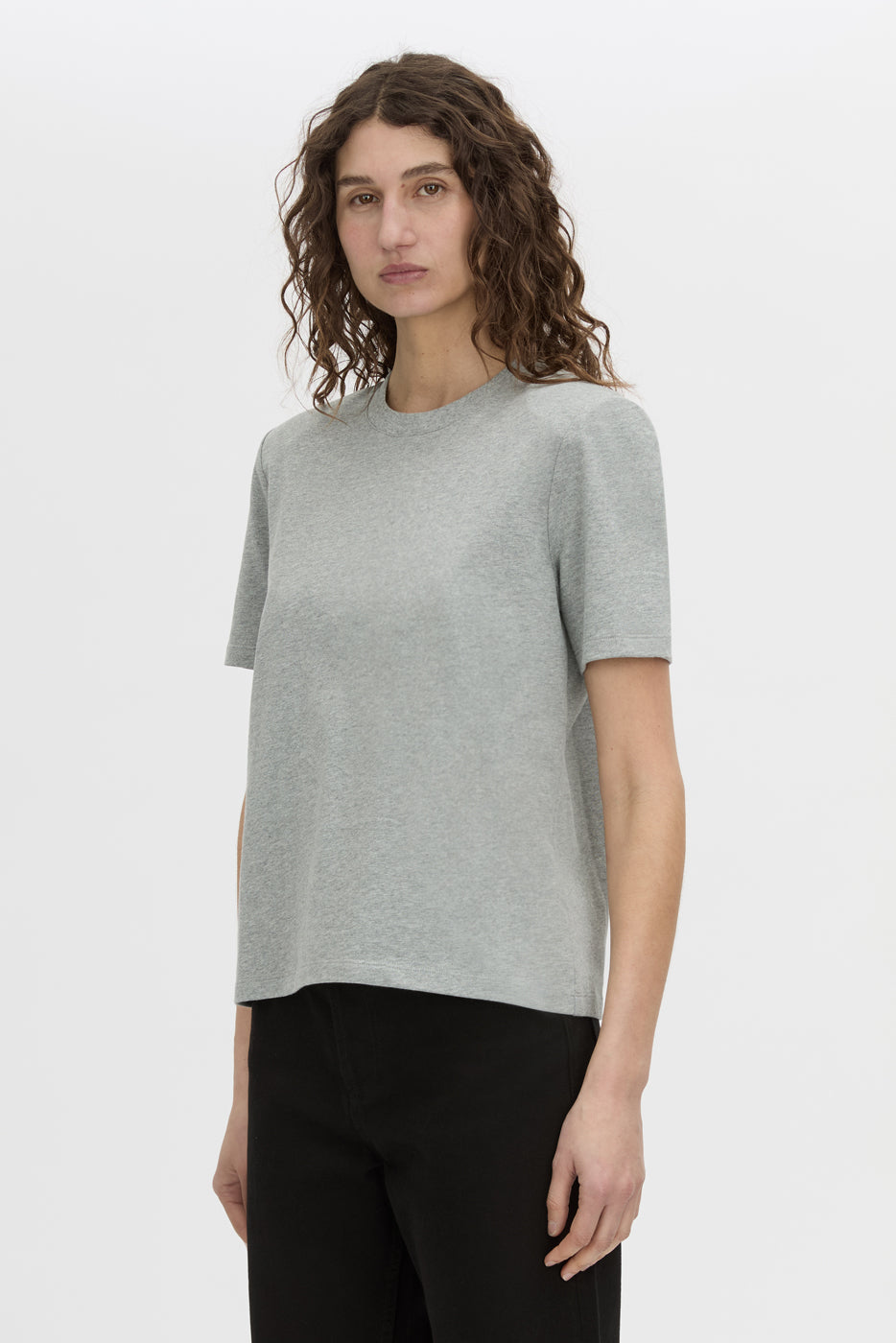 Cropped view CAMILLA AND MARC short sleeve Carmen Shoulder Pad Tee in grey marle with strong shoulder design.