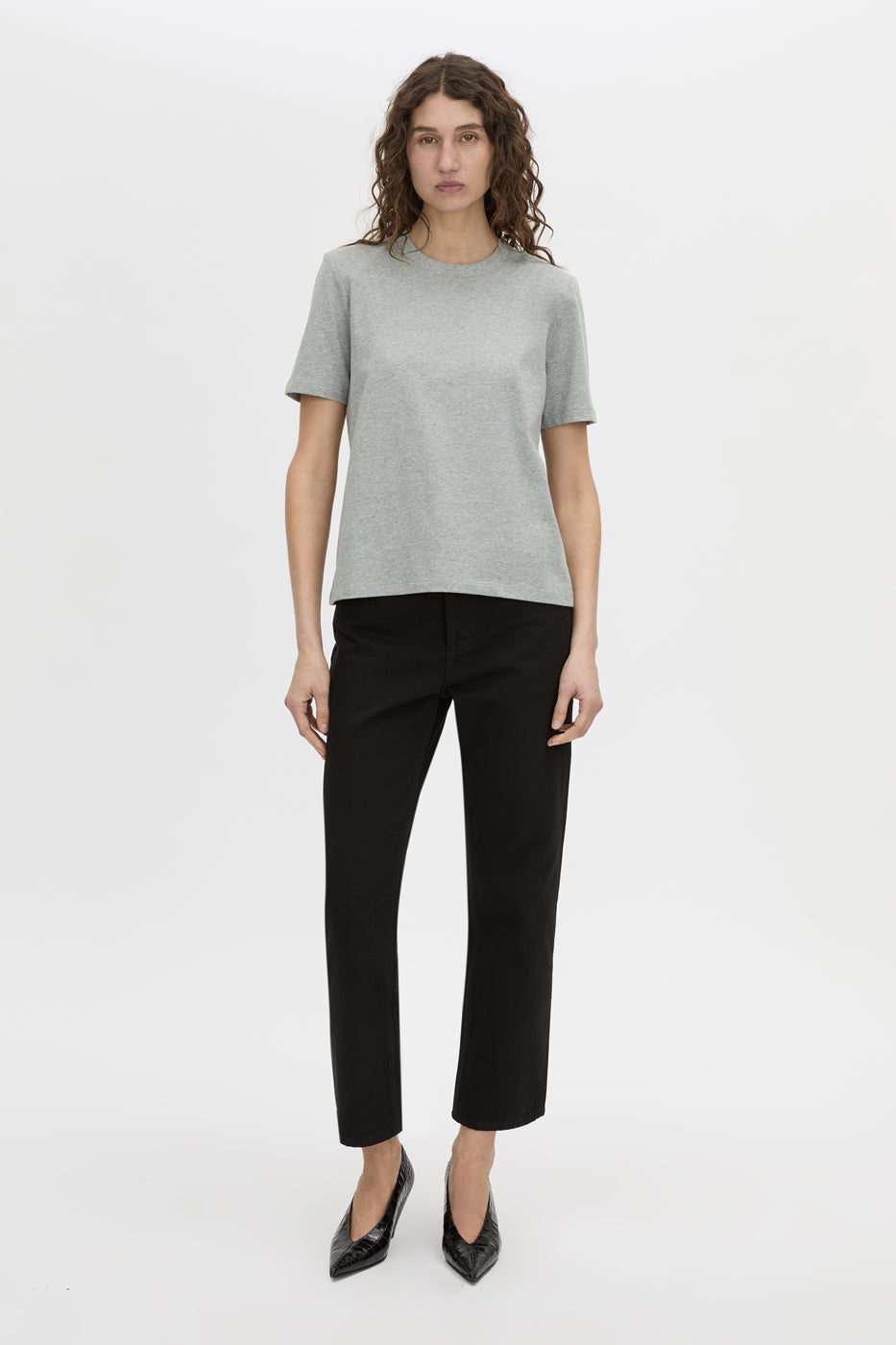 Front styled view CAMILLA AND MARC short sleeve Carmen Shoulder Pad Tee in grey marle with strong shoulder design.