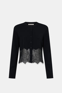 Ghost view CAMILLA AND MARC Cayana Lace Detail Cardigan in black with scalloped lace hem detail.