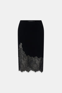Ghost view CAMILLA AND MARC Cayana Lace Knit Skirt in black with knit knee length design and lace hem detail.