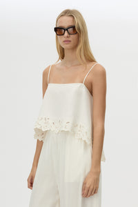 Cropped view CAMILLA AND MARC Chara Embroidered Cami in Cream with A‑line fit, open back, draped panels and lace hem.