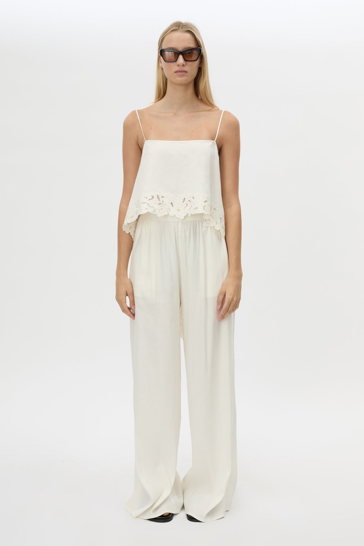 Front styled view CAMILLA AND MARC Chara Embroidered Cami in Cream with the Chara Pant in Cream.