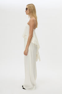 Side view CAMILLA AND MARC Chara Embroidered Cami in Cream with A‑line fit, open back, draped panels and lace hem.