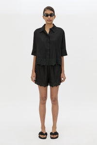 Front view CAMILLA AND MARC Chara Embroidered Short in Black styled with the Chara Cropped Embroidered Shirt.