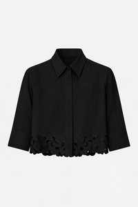 Ghost front view CAMILLA AND MARC Chara Embroidered Cropped Shirt in Black with short sleeves.