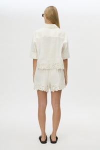 Back view CAMILLA AND MARC Chara Embroidered Short in Cream with embroidered hem, and elastic waistband.