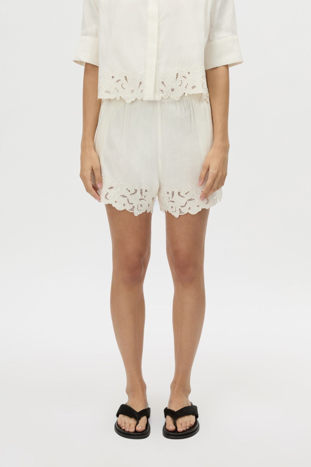 Cropped view CAMILLA AND MARC Chara Embroidered Short in Cream with embroidered hem, and elastic waistband.