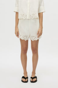 Cropped view CAMILLA AND MARC Chara Embroidered Short in Cream with embroidered hem, and elastic waistband.