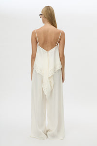 Back view CAMILLA AND MARC Chara Relaxed Pant in Cream with elastic waist, and back welts.