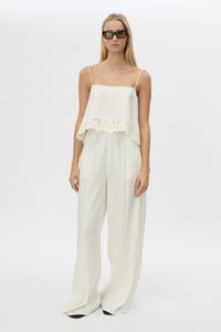 Front view CAMILLA AND MARC Chara Relaxed Pant in Cream with elastic waist, and back welts.