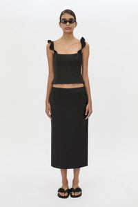 Front view CAMILLA AND MARC Chiaro Tailored Top in black with fluted ruffle straps.