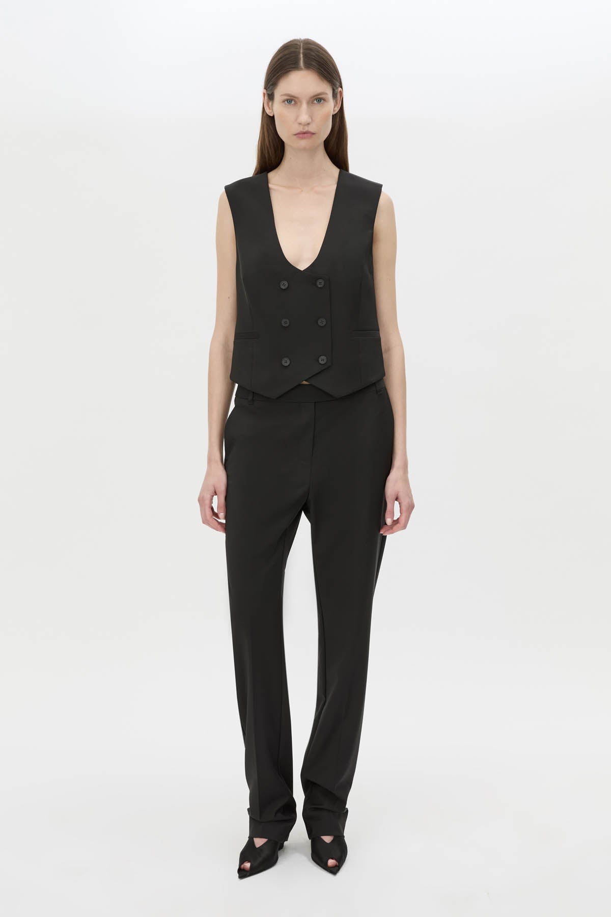 Front-styled view CAMILLA AND MARC Chiaro Fitted Vest in black with double‑breasted closure.