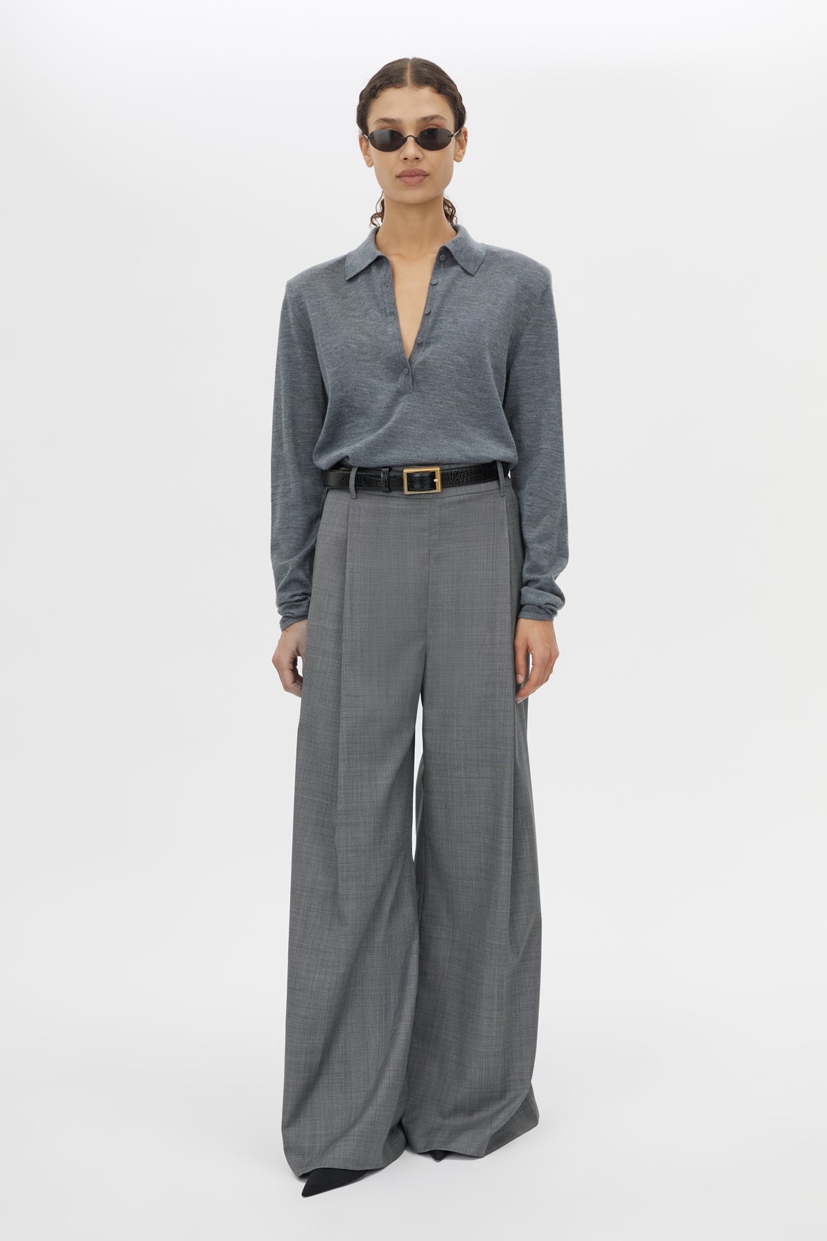 Chime Knit Long Sleeve Top - CAMILLA AND MARC Chime long-sleeve merino wool knit polo top in charcoal melange