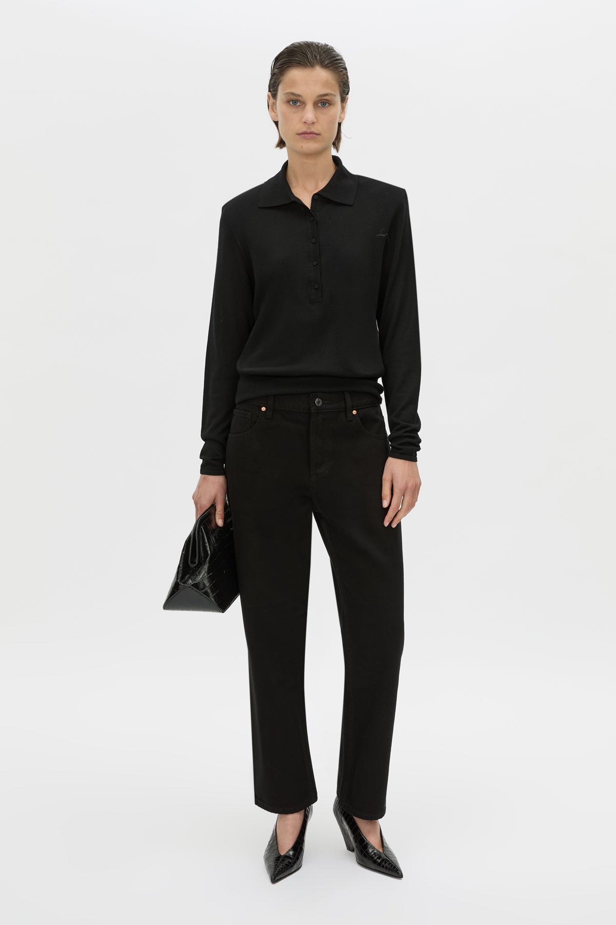 Front-2 view CAMILLA AND MARC Chime long-sleeve merino wool knit polo top in black.