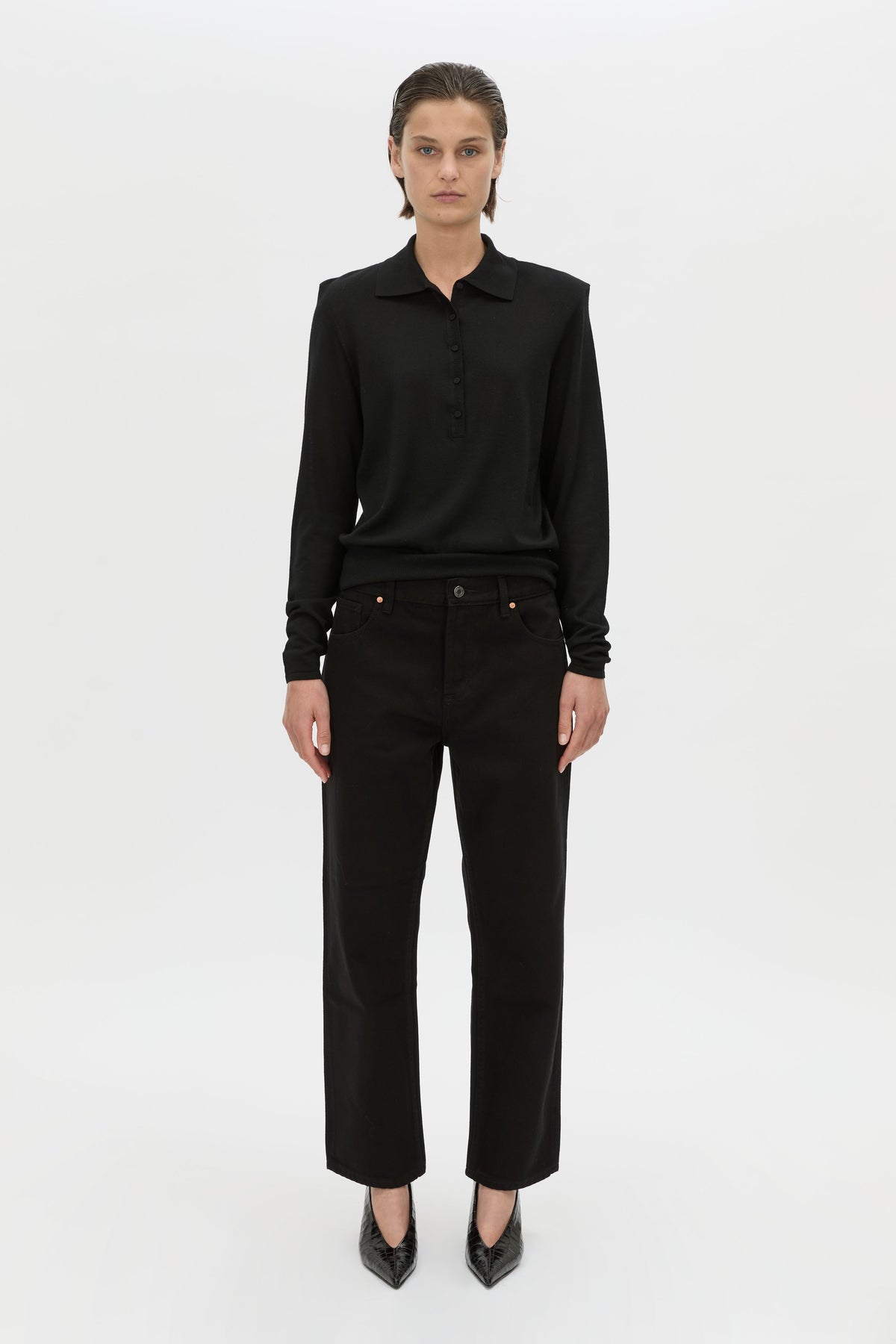 Chime Knit Long Sleeve Top - CAMILLA AND MARC Chime long-sleeve merino wool knit polo top in black