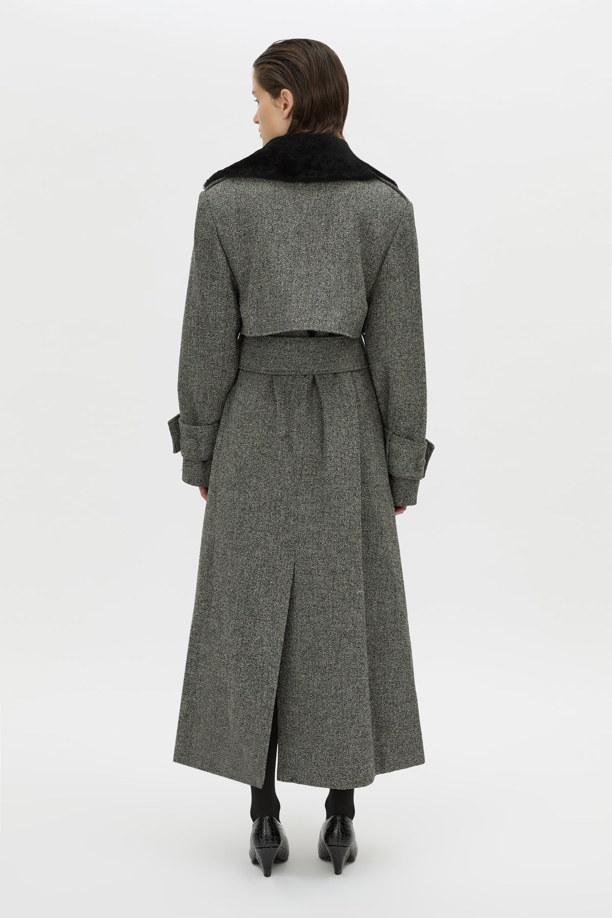 Back view CAMILLA AND MARC Cinder Trench Coat in charcoal grey with detachable contrast shearling collar.