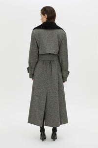 Back view CAMILLA AND MARC Cinder Trench Coat in charcoal grey with detachable contrast shearling collar.