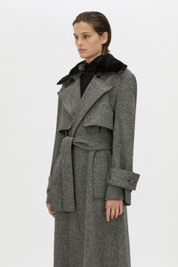 Cropped view CAMILLA AND MARC Cinder Trench Coat in charcoal grey with detachable contrast shearling collar.