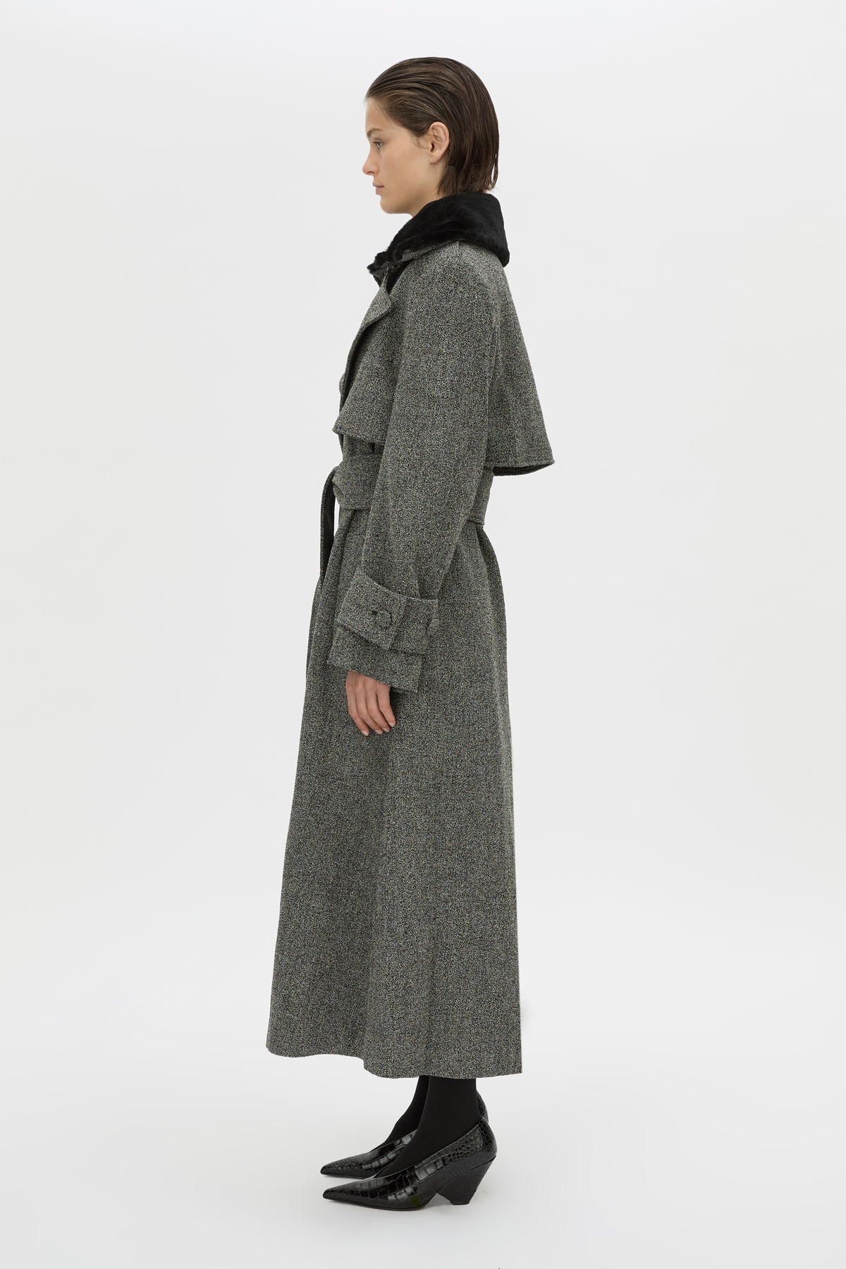 Side view CAMILLA AND MARC Cinder Trench Coat in charcoal grey with detachable contrast shearling collar.