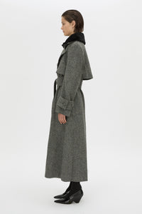 Side view CAMILLA AND MARC Cinder Trench Coat in charcoal grey with detachable contrast shearling collar.