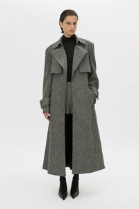 Styled view CAMILLA AND MARC Cinder Trench Coat in charcoal grey with detachable contrast shearling collar.