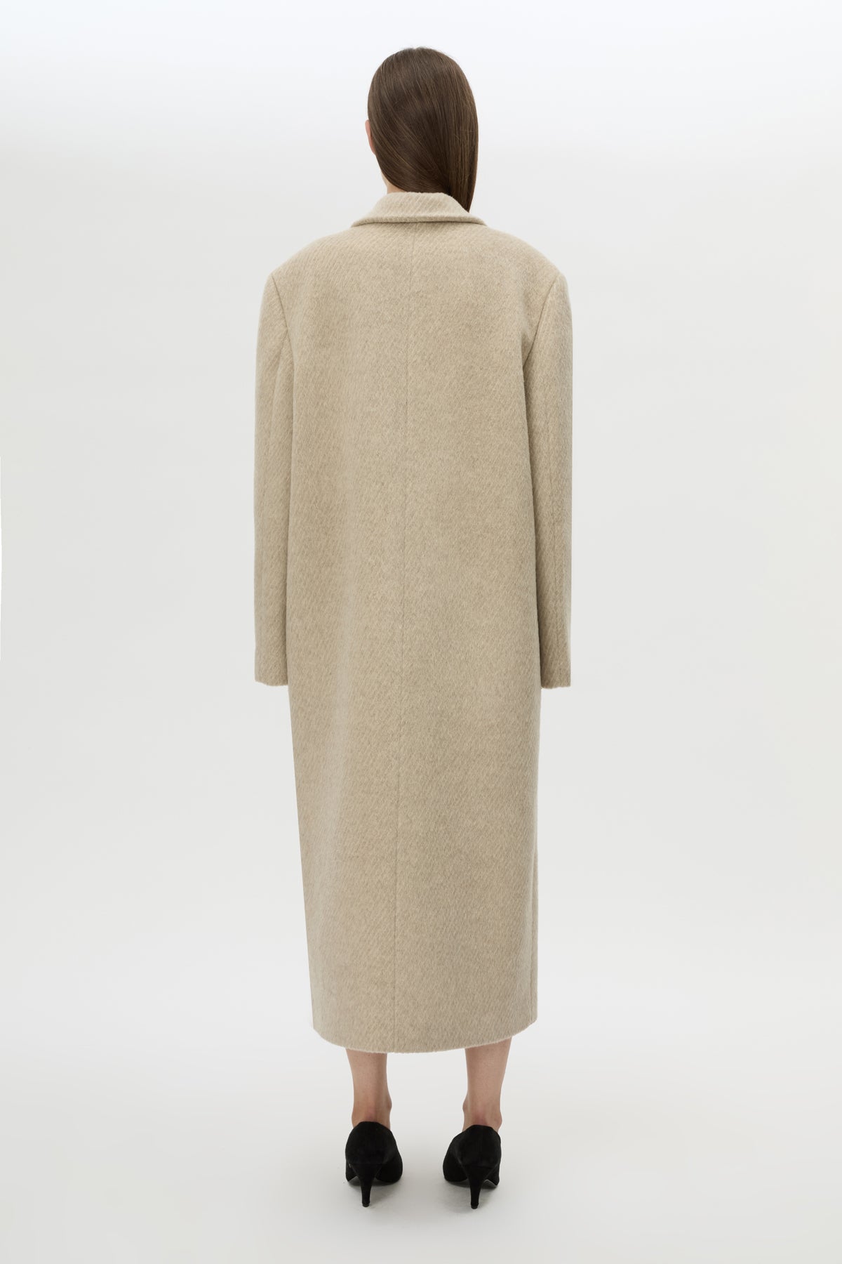 Back view CAMILLA AND MARC Ciro Coat in Beige with detachable scarf, crafted from 100% Australian wool. 