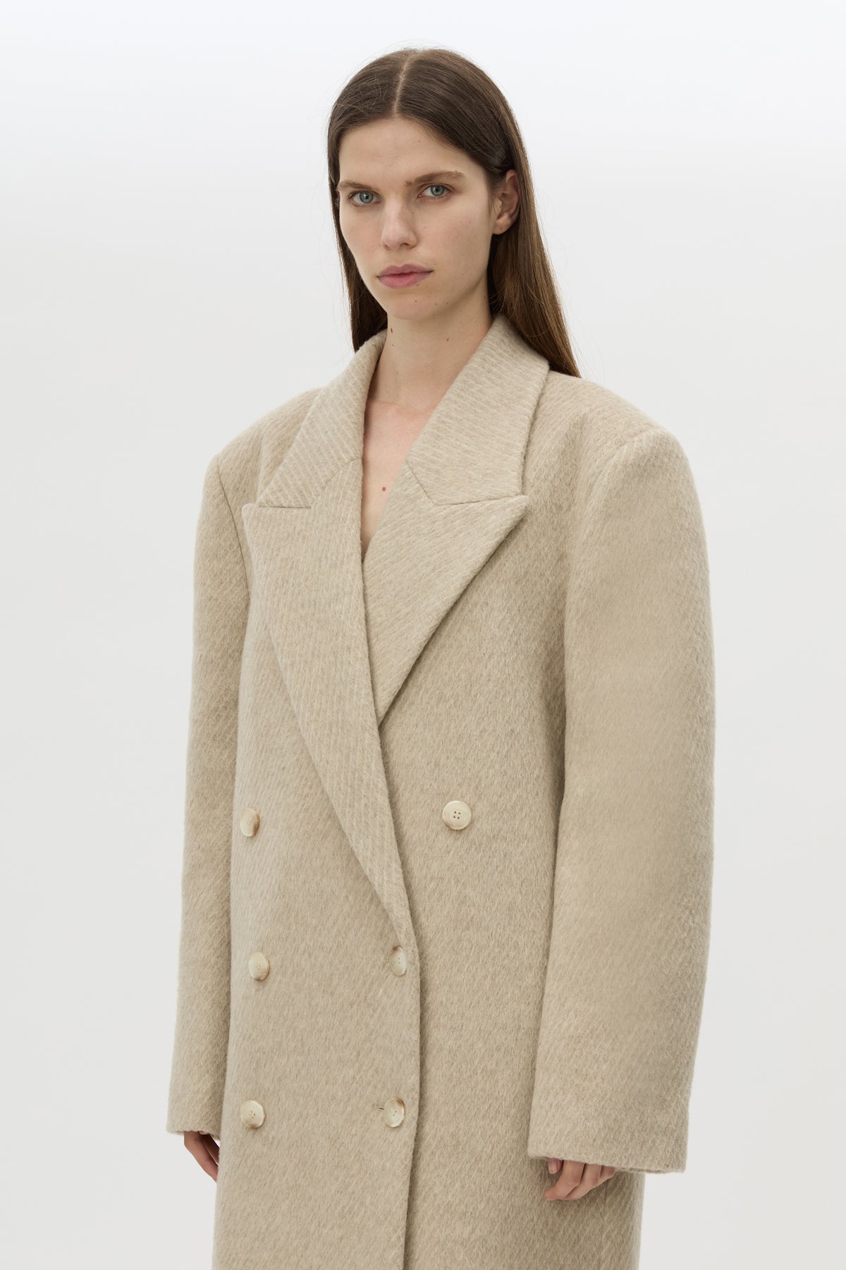 Cropped view CAMILLA AND MARC Ciro Coat in Beige with detachable scarf, crafted from 100% Australian wool. 
